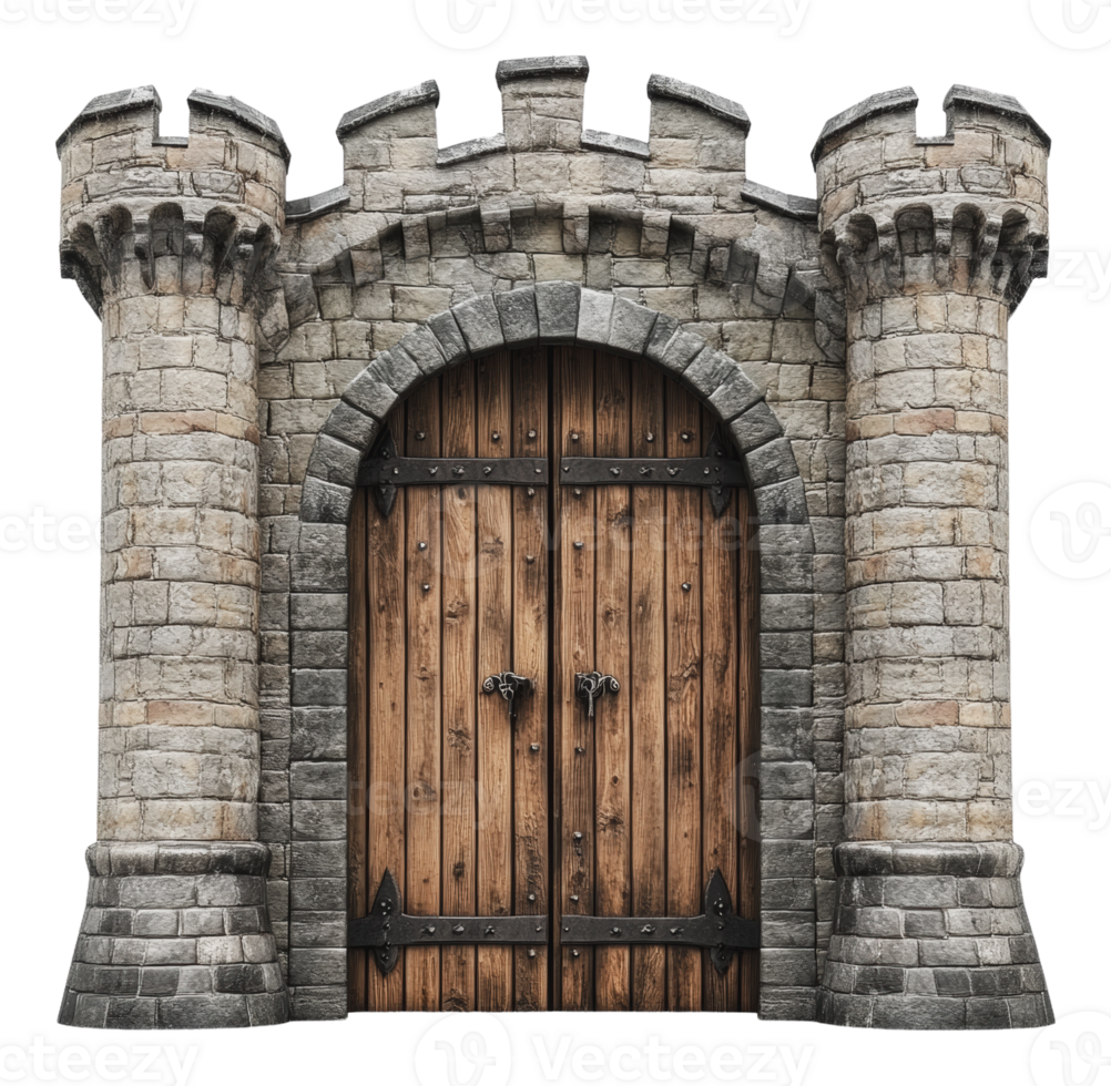 Medieval castle entrance with wooden double doors png