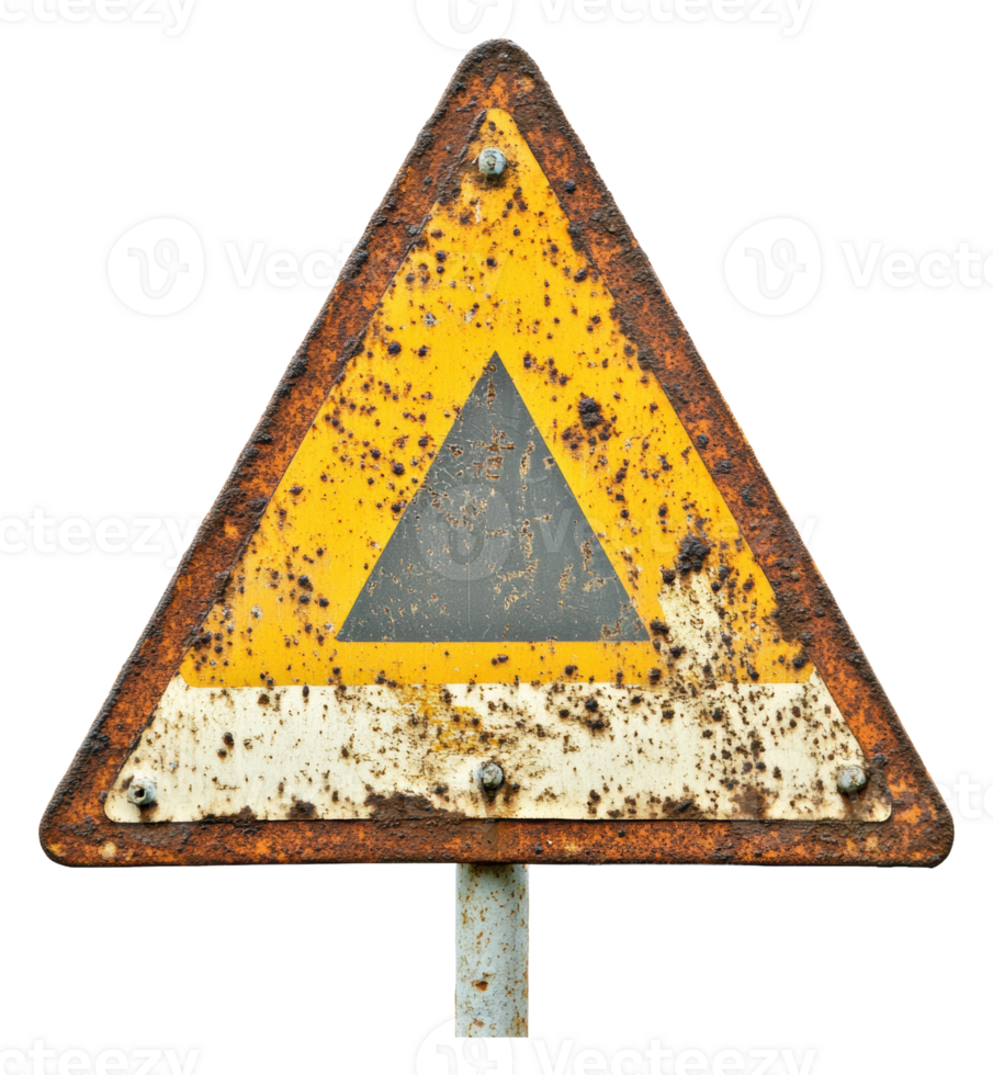 Old rusty warning sign indicating caution on road png