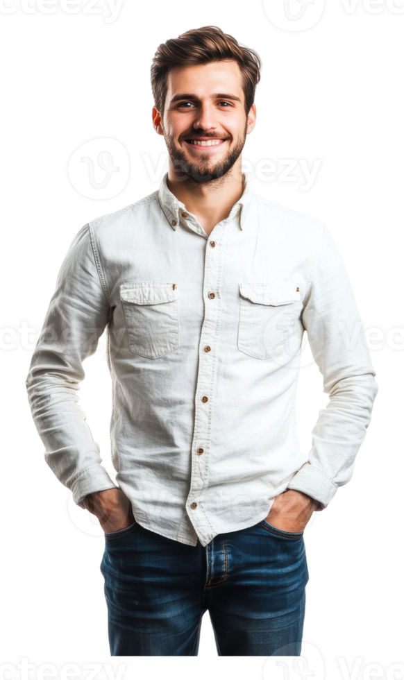 Confident young man in light shirt indoors png