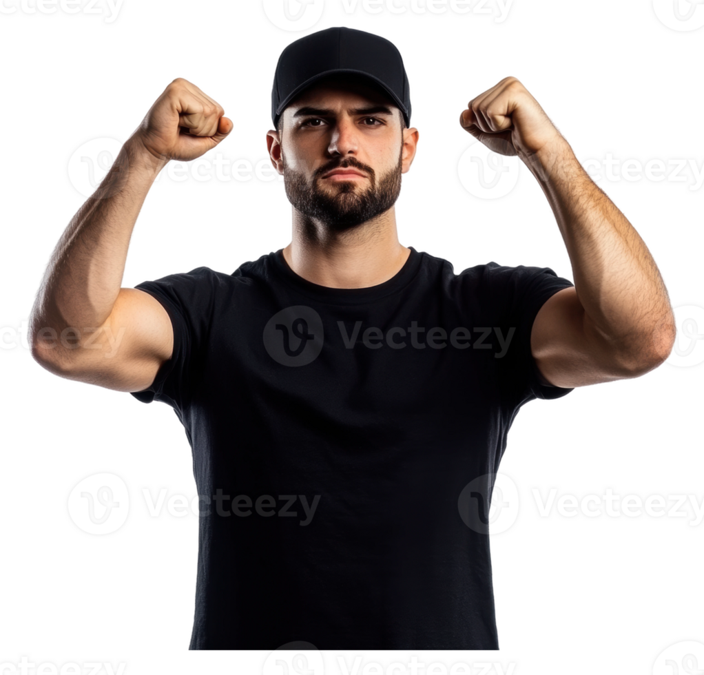 Confident man flexing muscles in a black t-shirt png