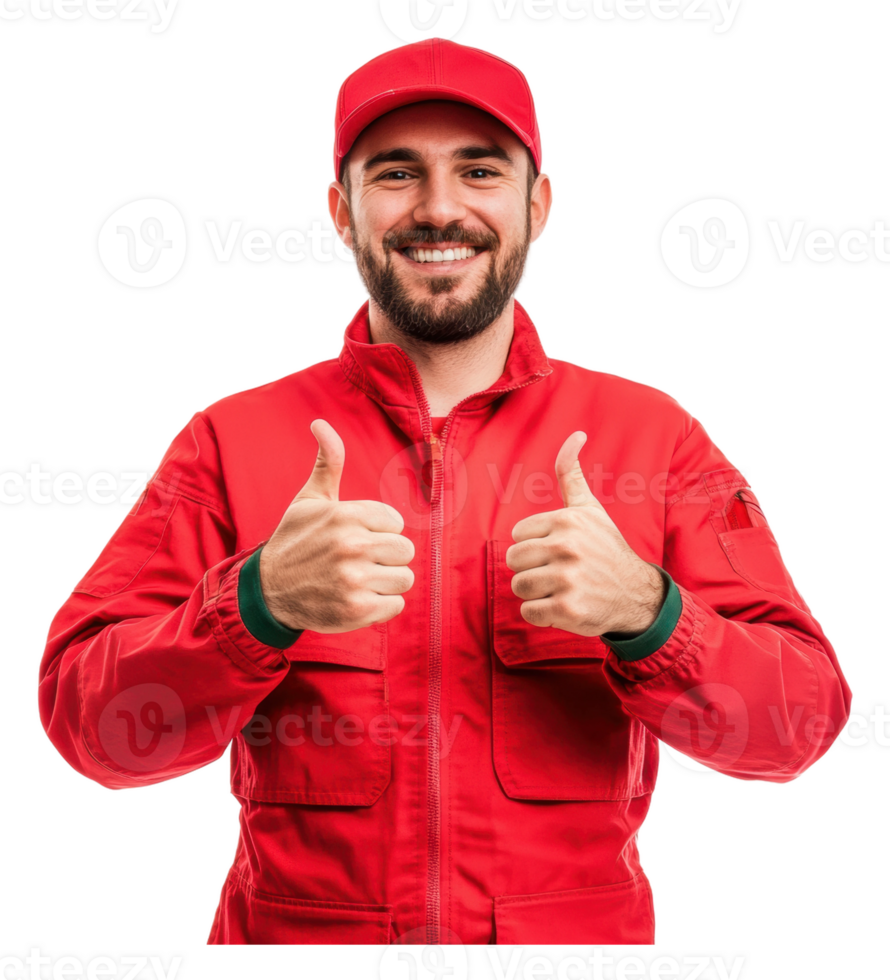 Smiling man in red uniform gives thumbs up png