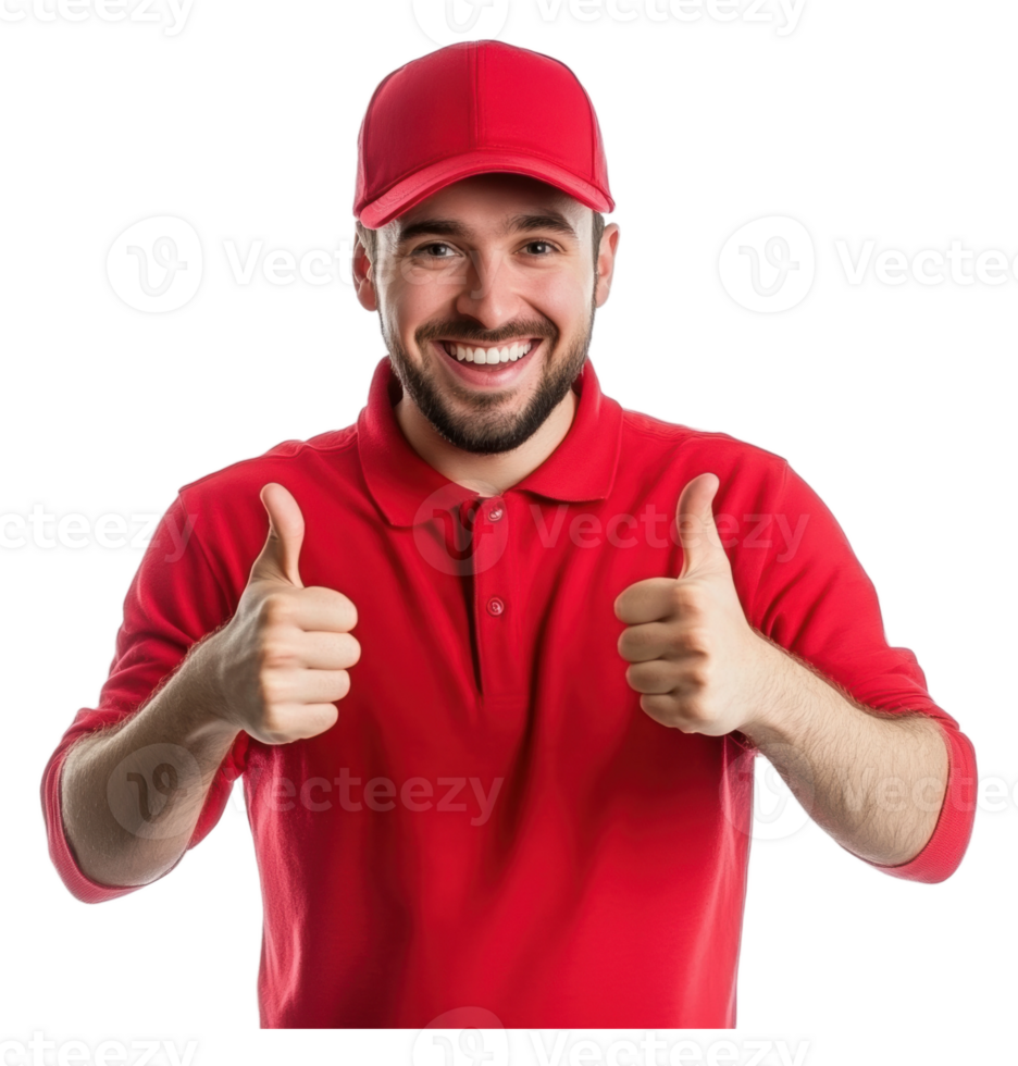 Man in red shirt gives thumbs up indoors png