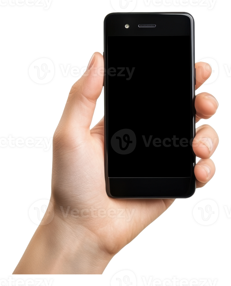 Hand holding a blank phone indoors png