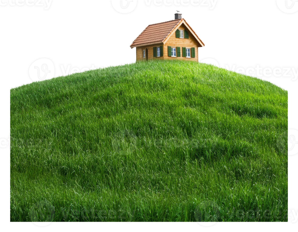 A charming wooden house on a grassy hilltop png