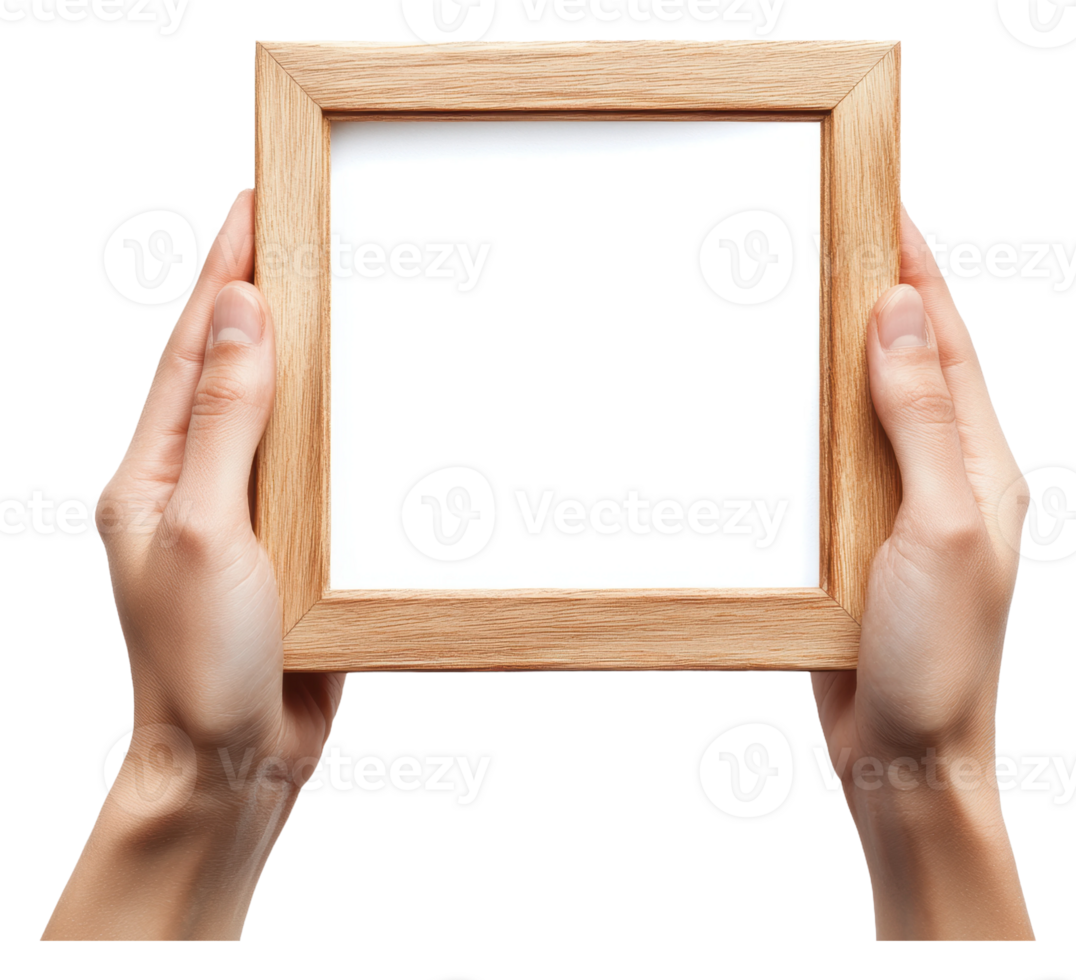 Hands with an empty wooden frame outside png