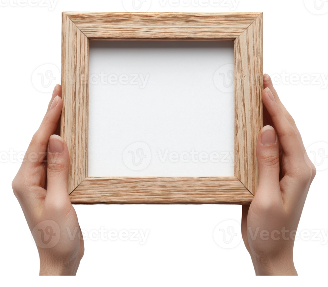 Person with a blank wooden frame indoors png