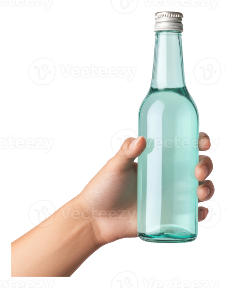 Hand holding a clear glass bottle of beverage png