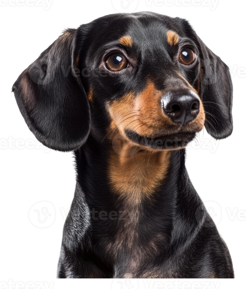 A curious black and brown dog looking to the side png