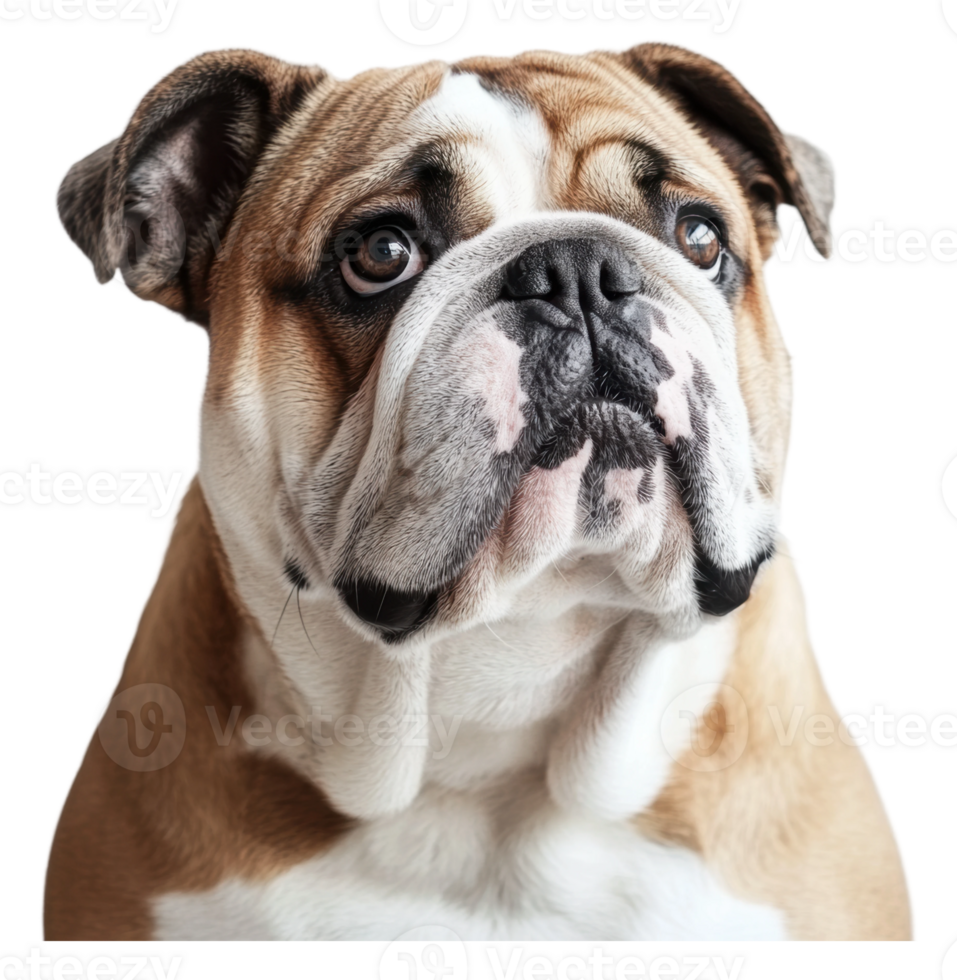 A close-up view of a curious Bulldog indoors png