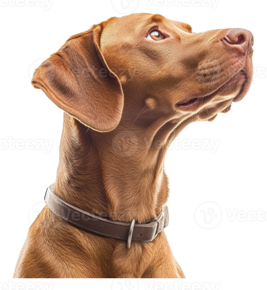 A brown dog with a collar looking up thoughtfully png