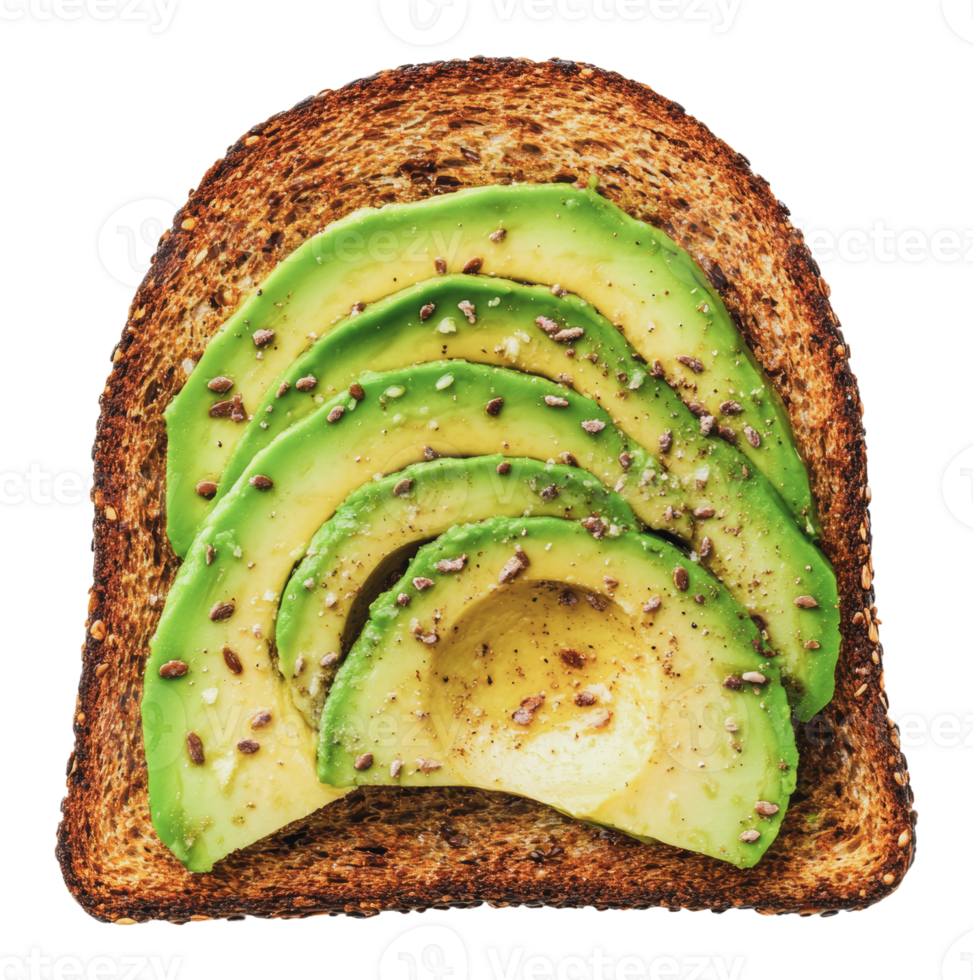 Avocado slices on whole grain toast with seasoning png