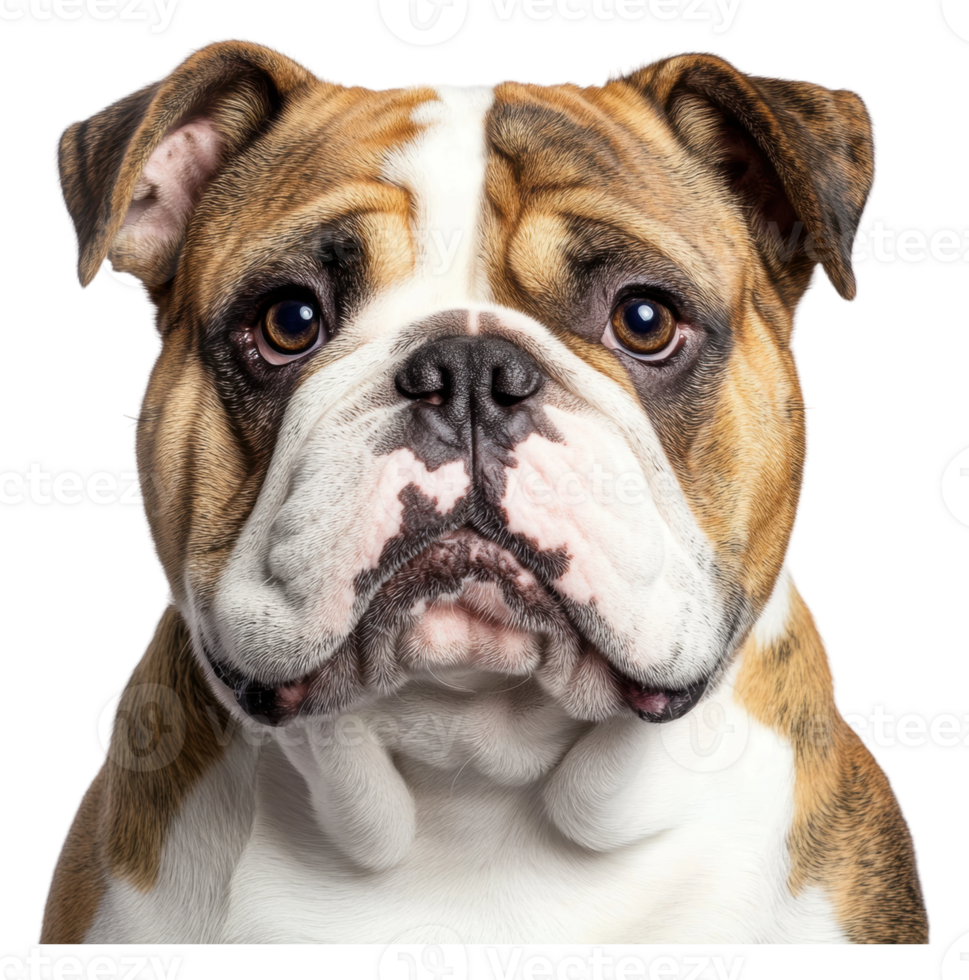 A close-up view of an adorable bulldog's face png