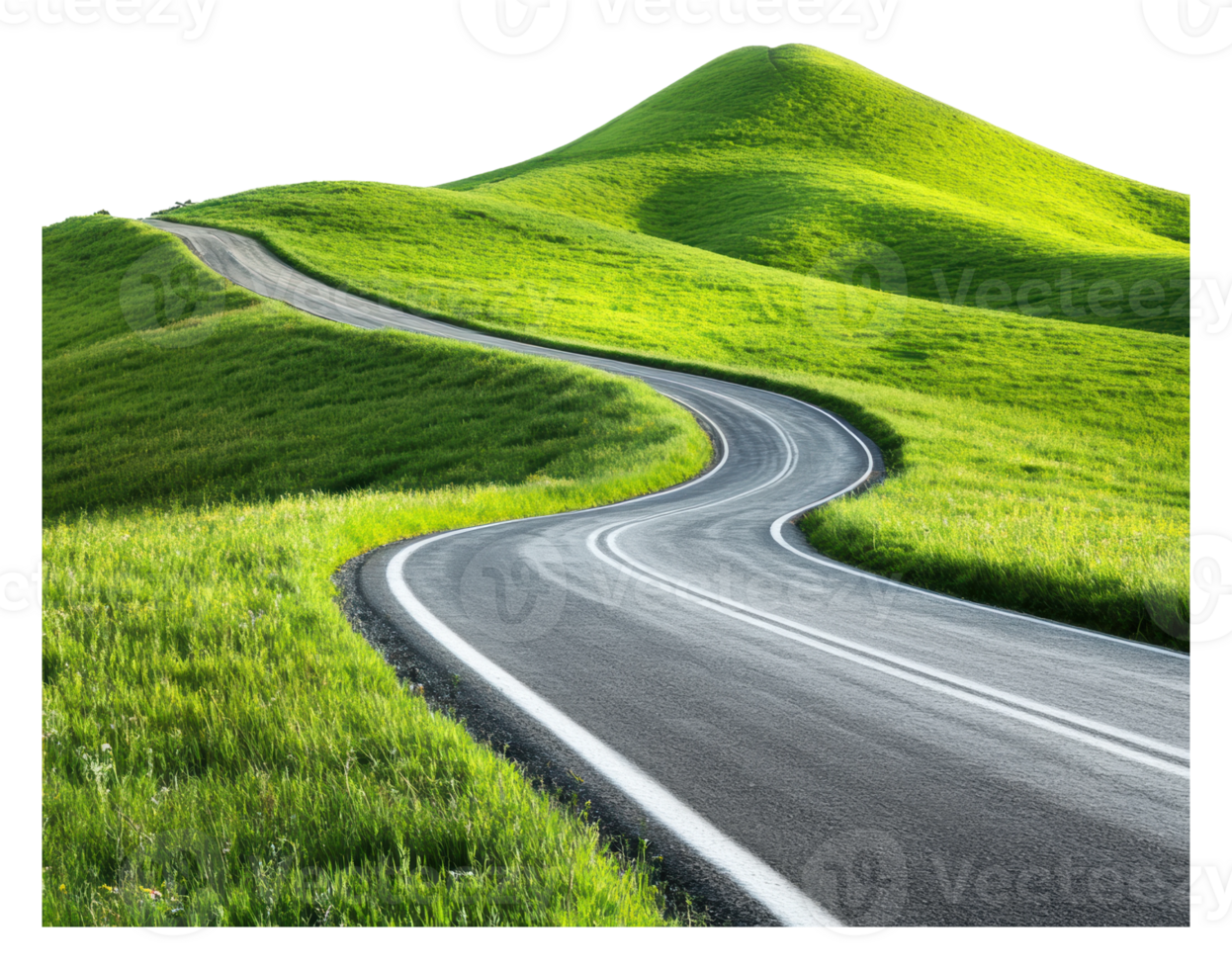 Winding road through lush green hills in daylight png