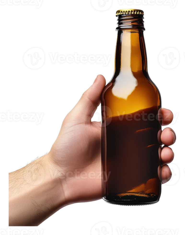 A person holding a brown glass bottle in daylight png