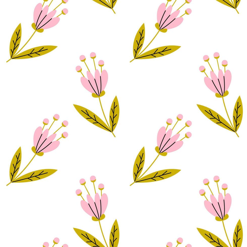 Floral pattern design featuring pink flowers and green leaves on a white background vector