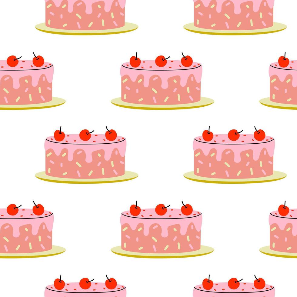Colorful dessert pattern featuring pink cakes with cherries on top against a white background vector