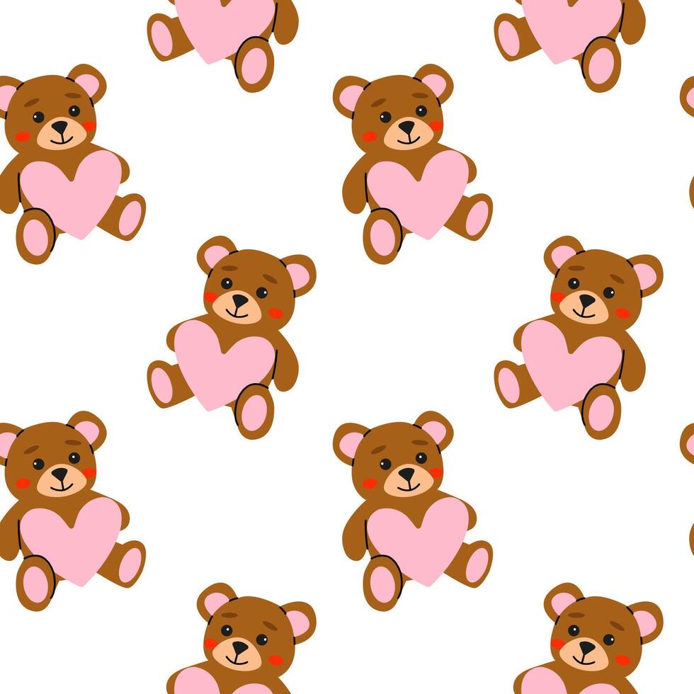 Cute brown teddy bears holding pink hearts create a playful repeating pattern vector