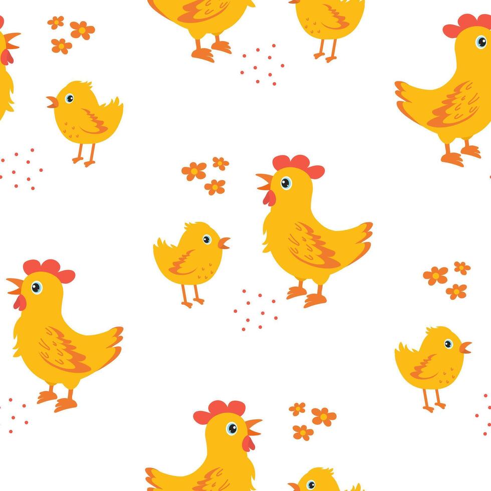 Bright yellow chickens and chicks in a playful pattern on a white background vector
