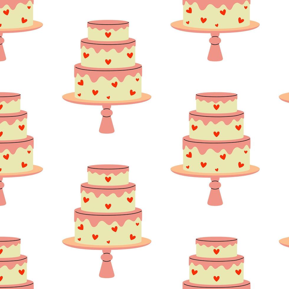 Colorful decorated wedding cake pattern with hearts on a white background for event design vector