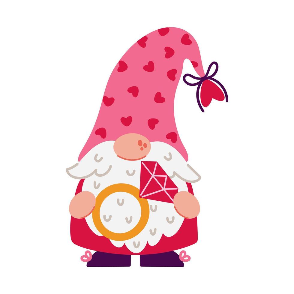 Cute gnome holds a gold engagement ring with a diamond. Funny elf with beard, in a red and pink suit, in a hat with hearts. Happy Valentine's Day. Romantic surprise, wedding, date. Hand drawn clipart vector