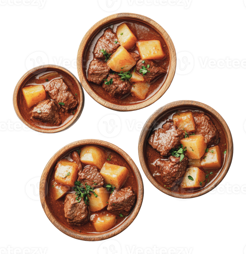 Hearty beef stew with potatoes in rustic bowls png