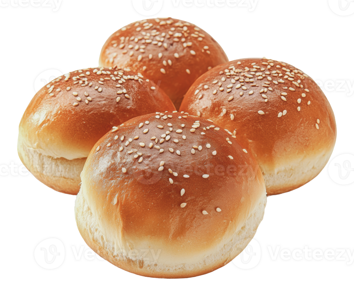 Freshly baked sesame seed burger buns on display png