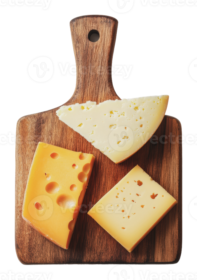 A selection of assorted cheeses on a wooden board png