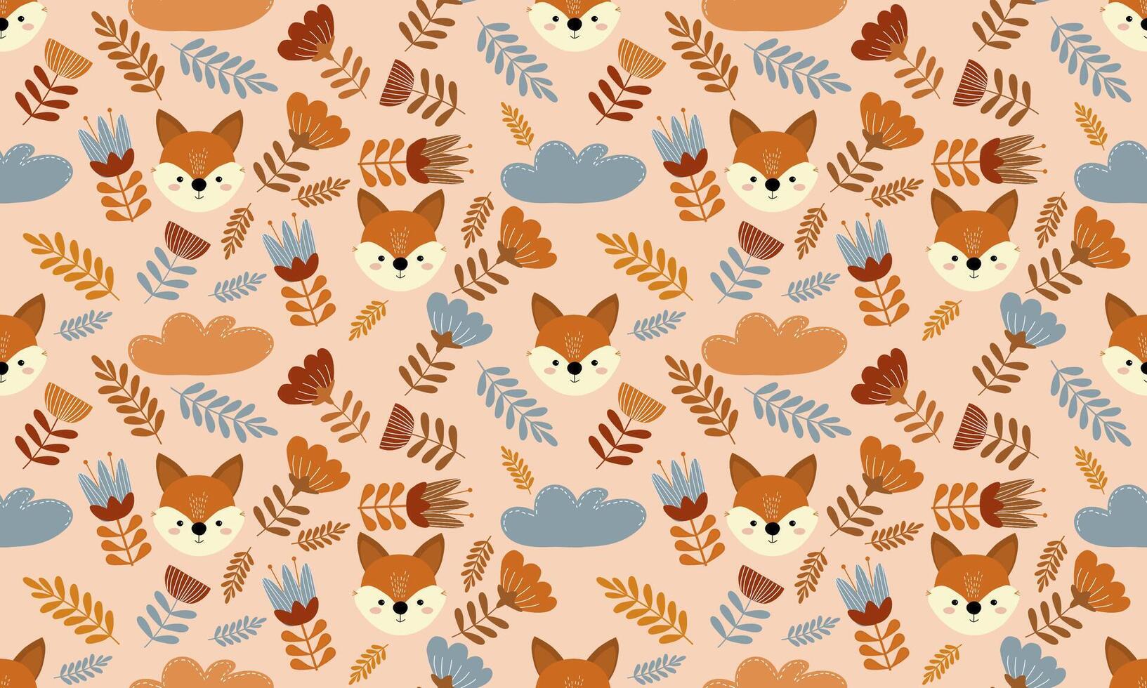 hand drawn cute fox and flowers for pattern a fabric and light brown background designs vector