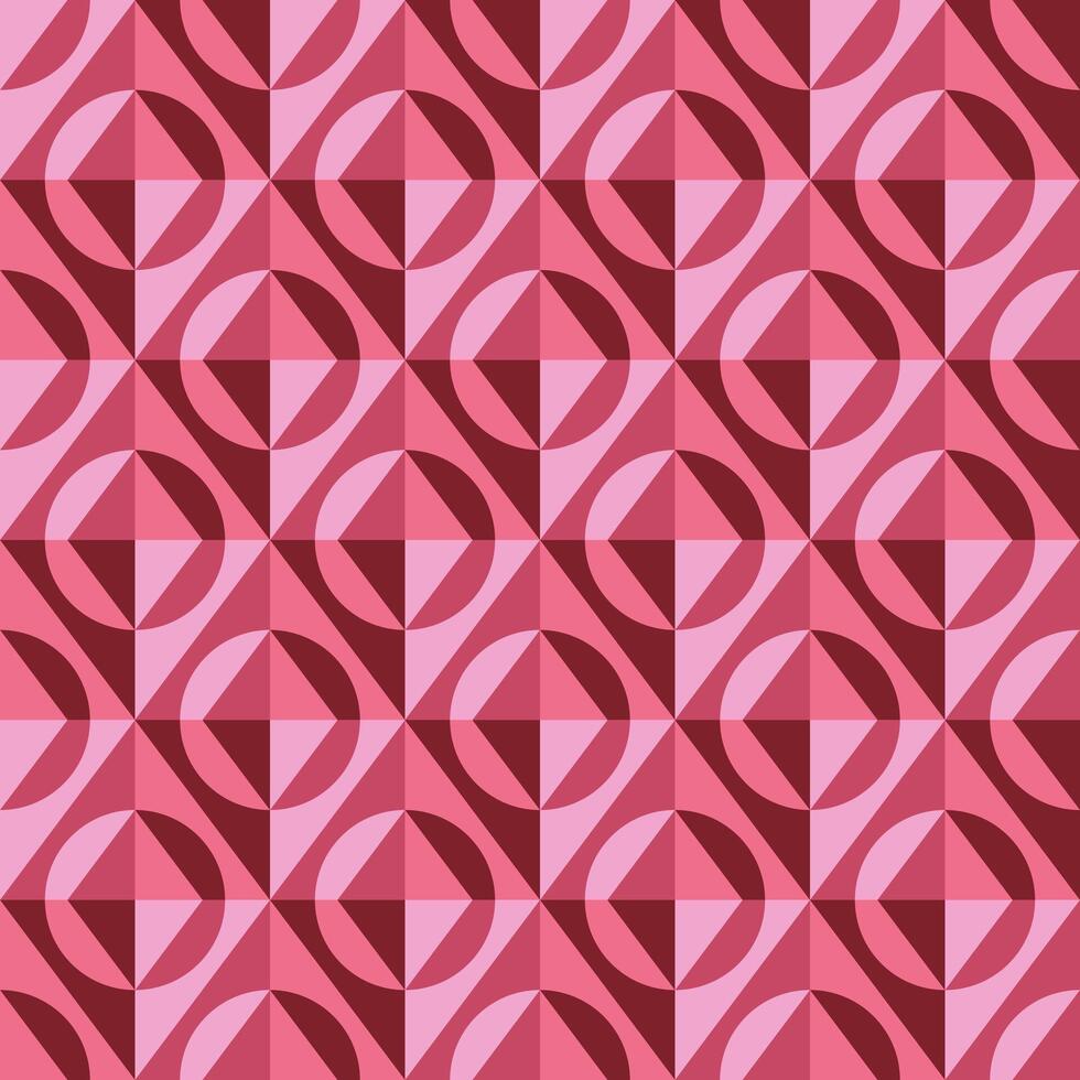 Retro-inspired geometric pattern with interlocking circles and squares in pink and red shades. Seamless design for wallpapers, fabrics, packaging, web backgrounds, or digital art projects. vector