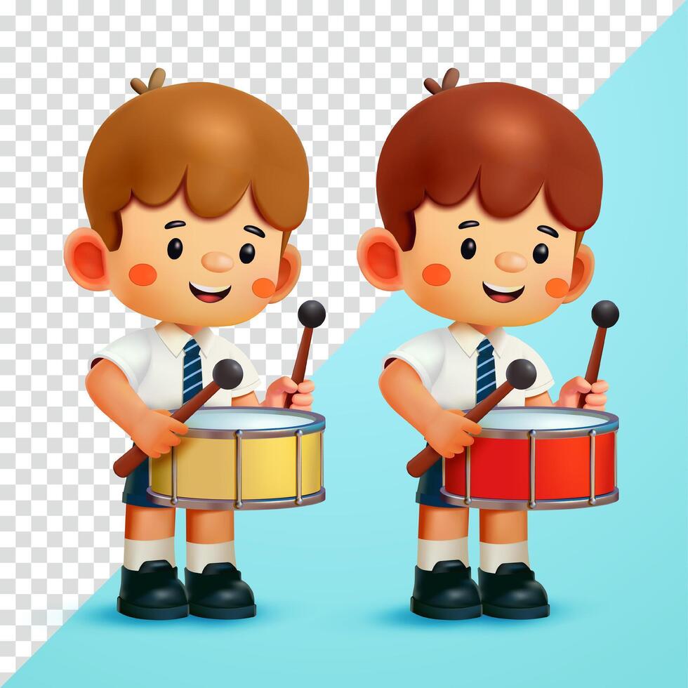 Schoolboy playing drums. 3d, Suitable for education and design elements vector