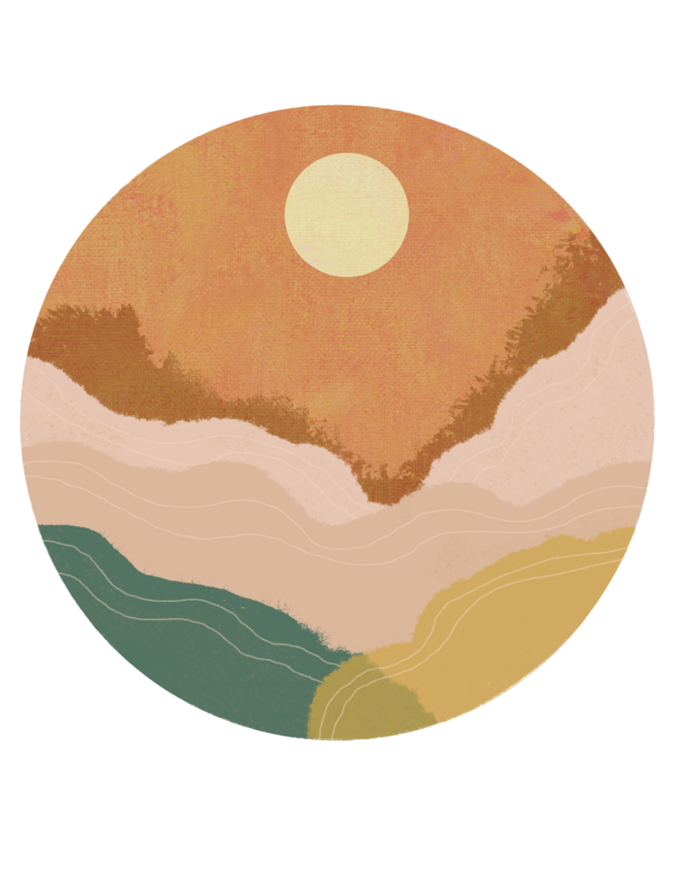 A circular bohemian abstract landscape painting with a vibrant sunset, rolling hills, and a touch of geometric lines. png