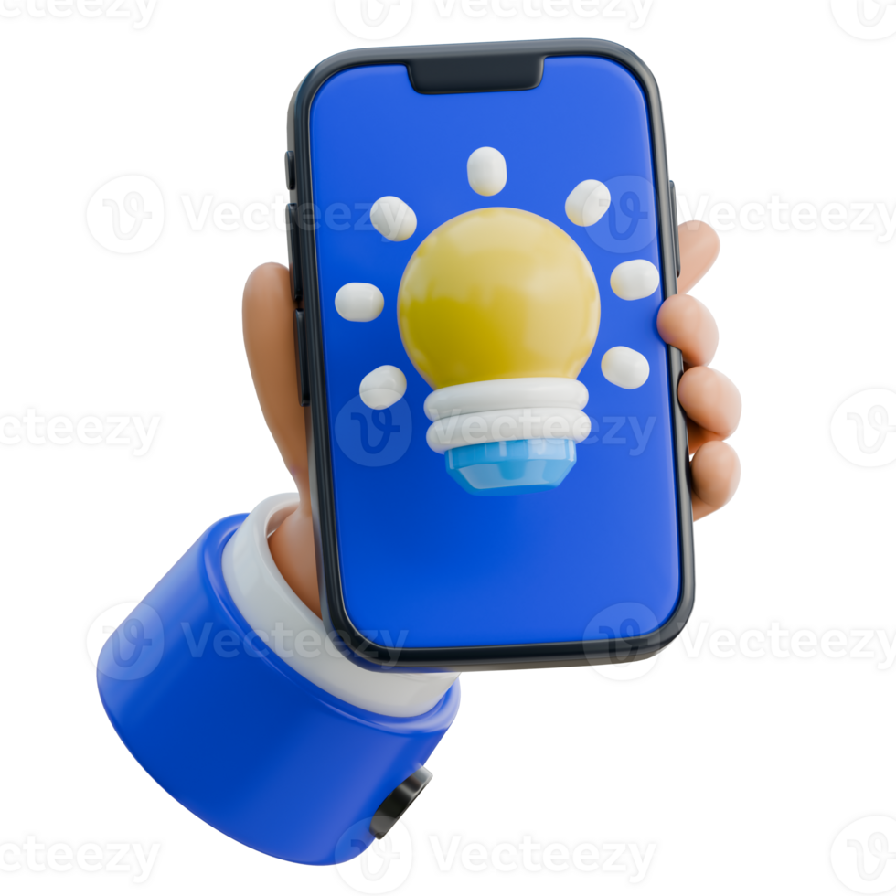 3D Hand Holding Smartphone with a light bulb for idea Icon png