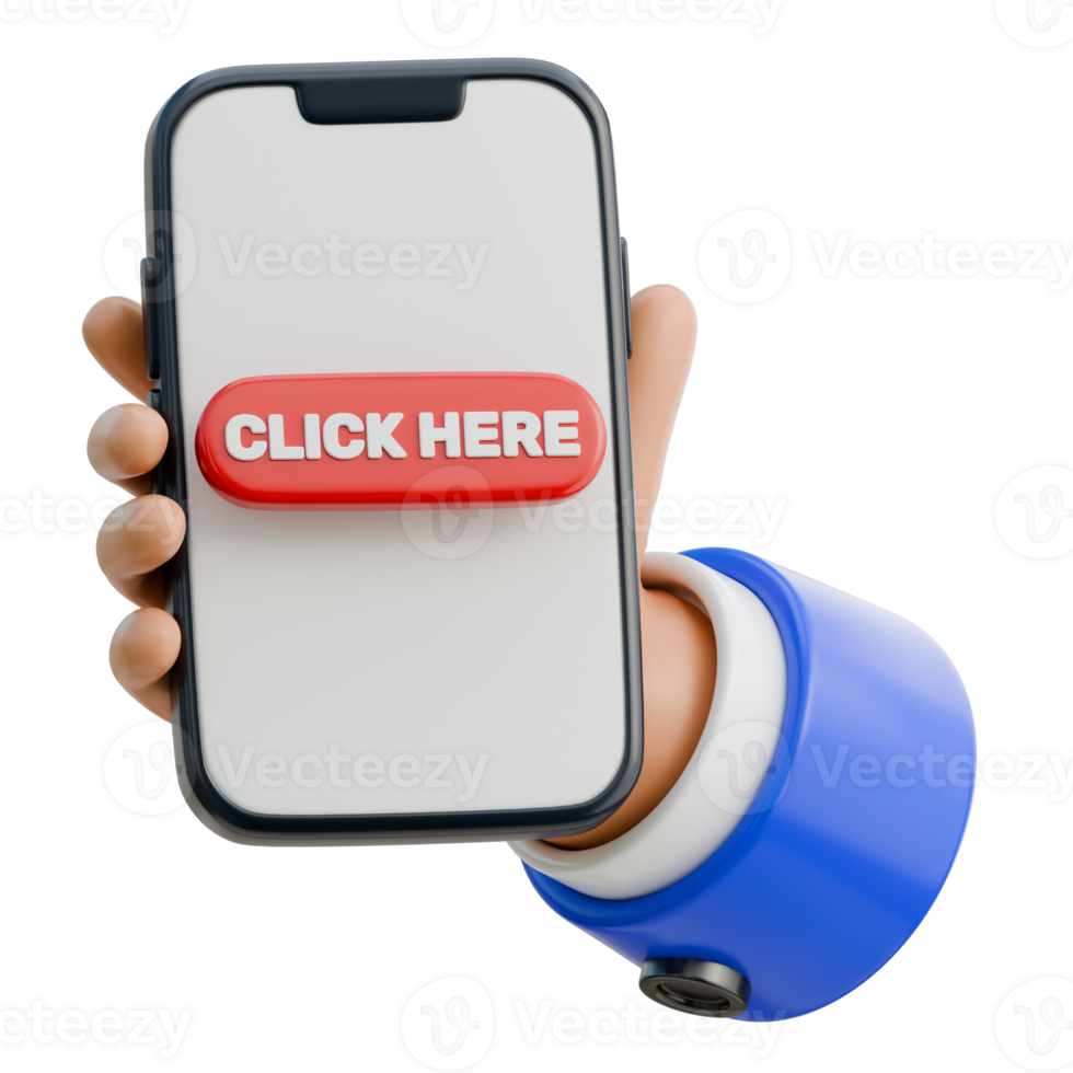 3D Hand Holding Smartphone with a click here button Icon png