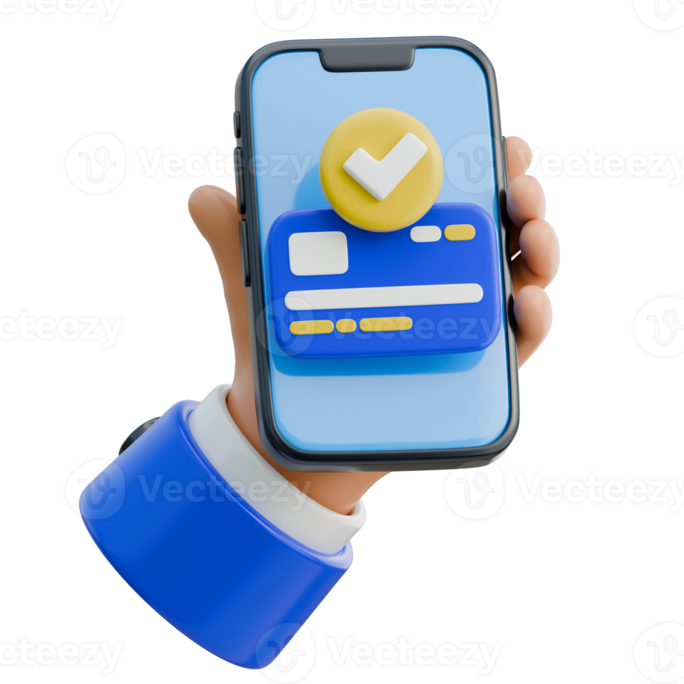 3D Hand Holding Smartphone Showing Payment Successful Icon png