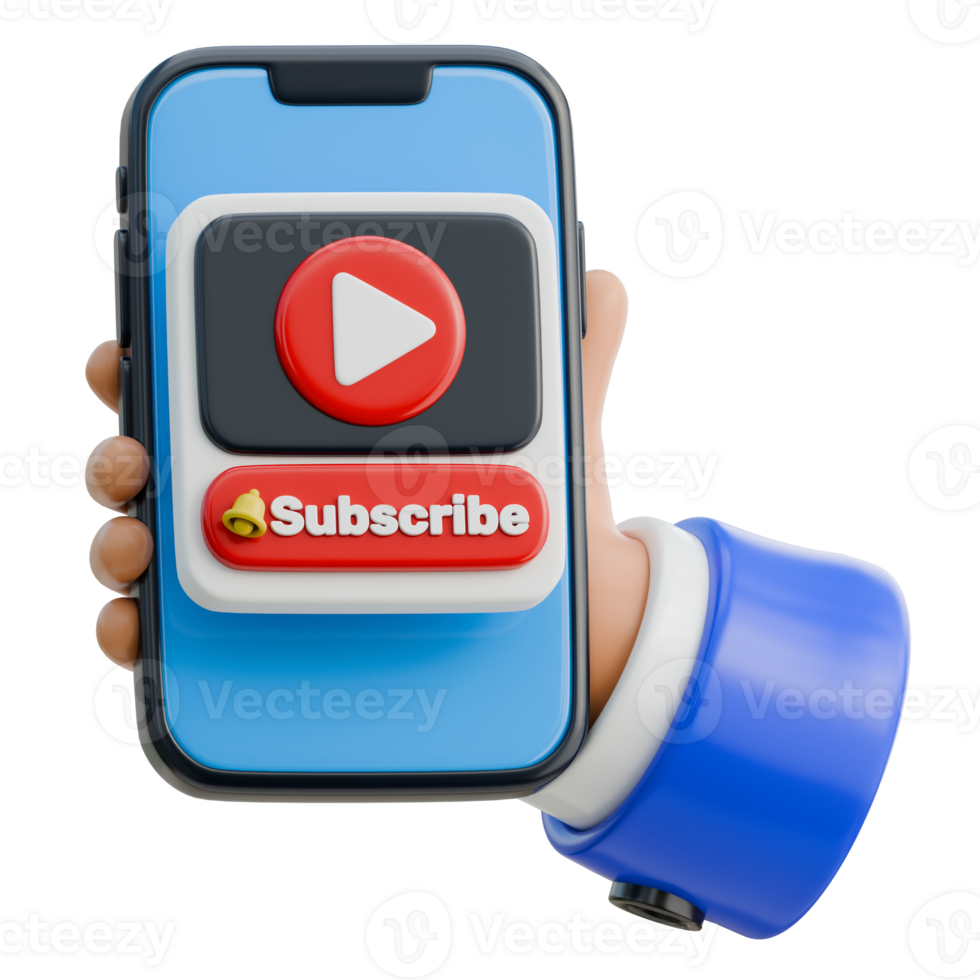 3D Hand Holding Smartphone with Subscribe Button Icon png