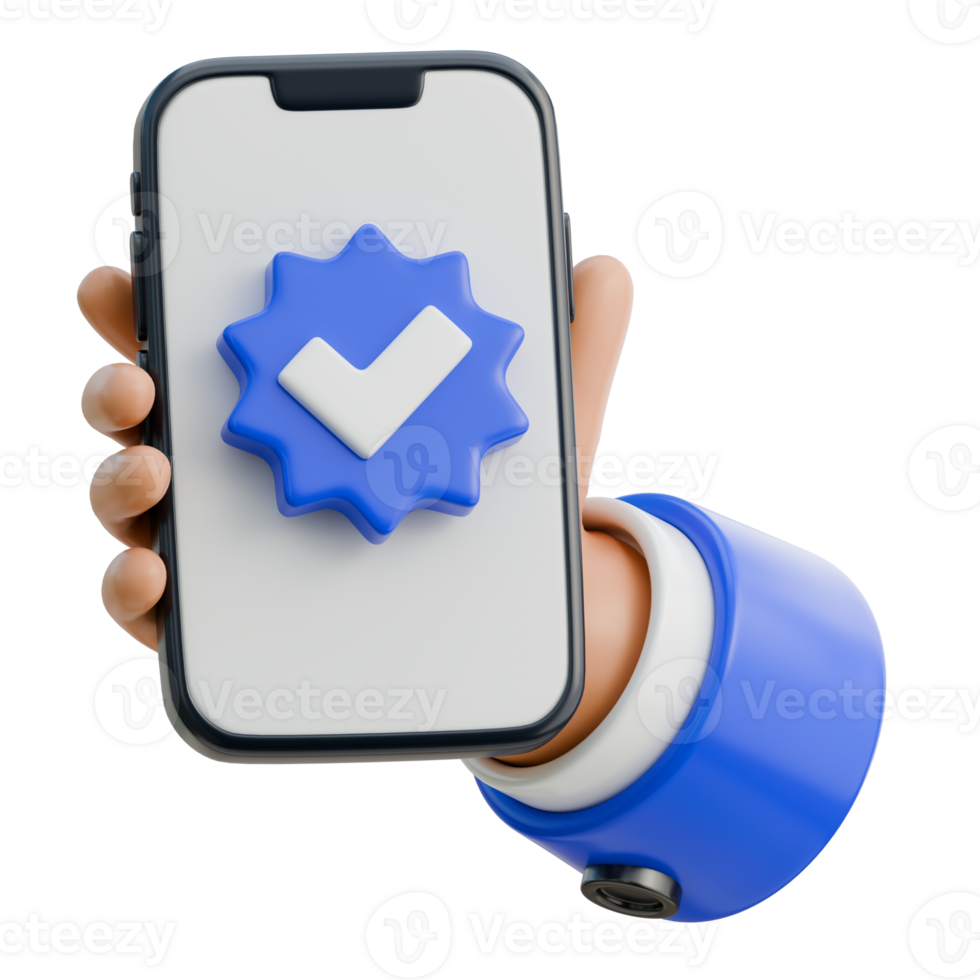 3D Hand Holding Smartphone Displaying Verified Badge Icon png