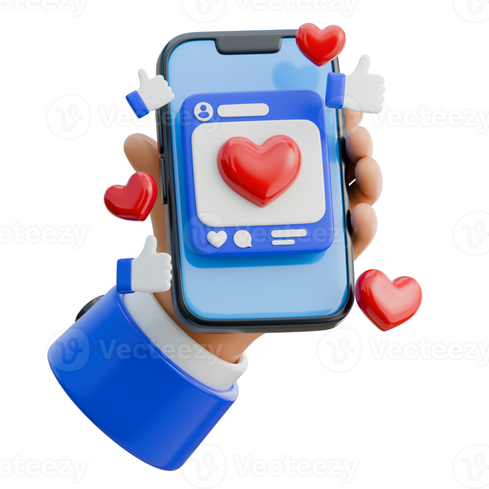 3D Hand Holding Smartphone surrounded by likes and hearts Icon png