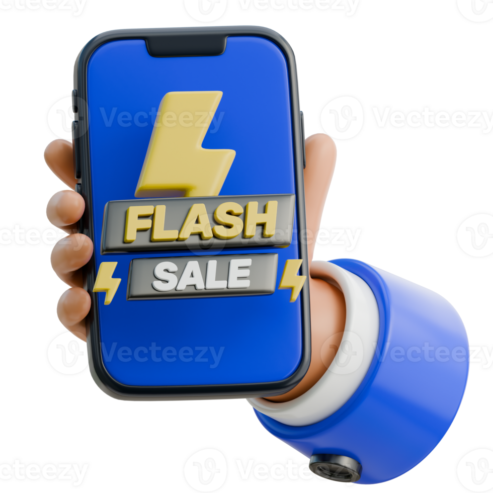 3D Hand Holding Smartphone Showing Flash Sale Banner Icon png