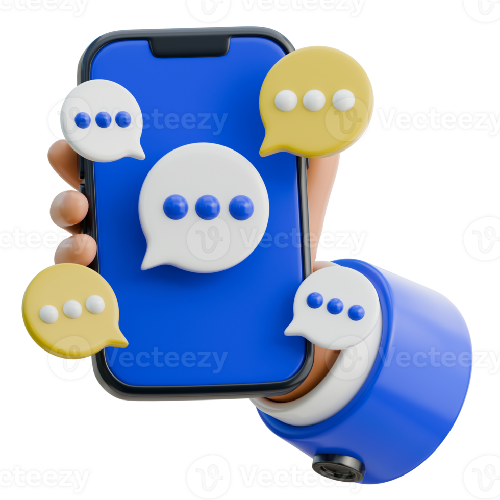 3D Hand Holding Smartphone surrounded by chat bubbles Icon png