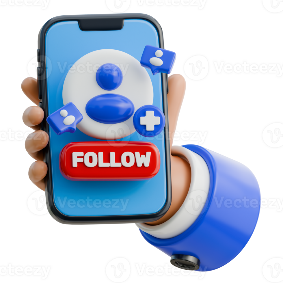 3D Hand Holding Smartphone with Follow Button Icon png