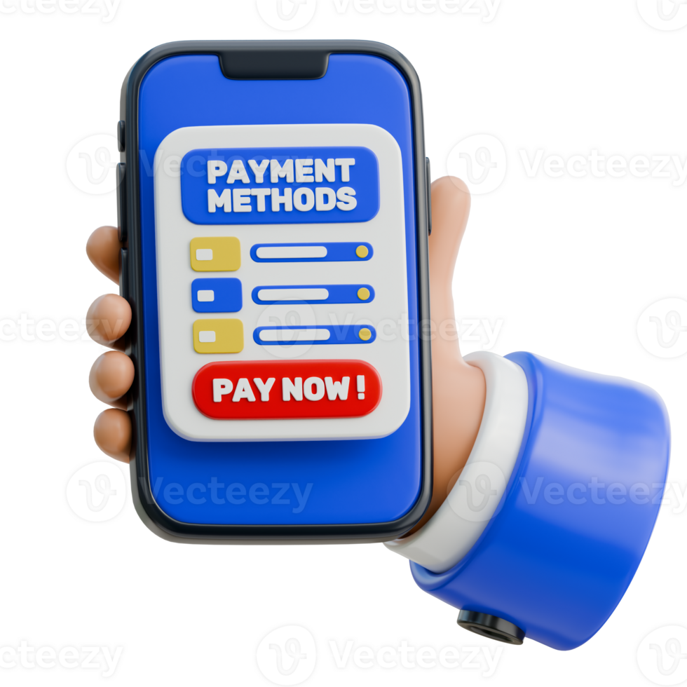 3D Hand Holding Smartphone Displaying Payment Methods Icon png