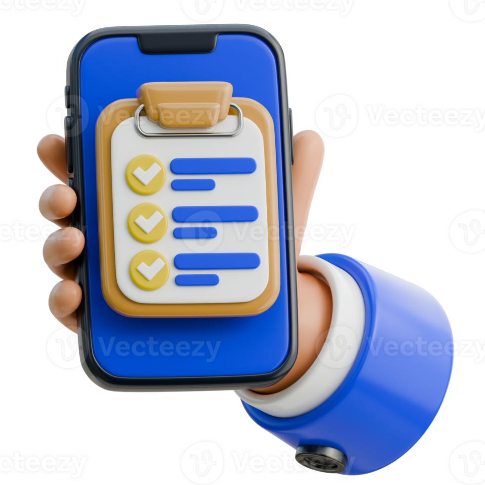 3D Hand Holding Smartphone with goal setting clipboard Icon png