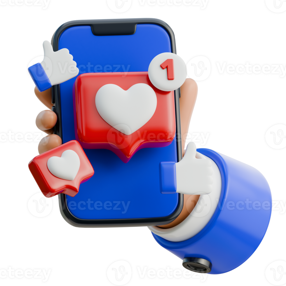 3D Hand Holding Smartphone with New Like Notification Icon png