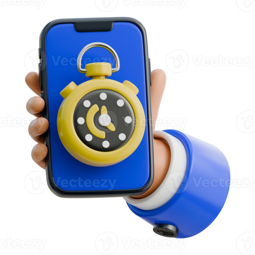 3D Hand Holding Smartphone Showing Countdown Timer Icon png