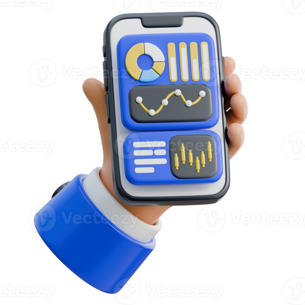 3D Hand Holding Smartphone displaying analytics charts Icon png