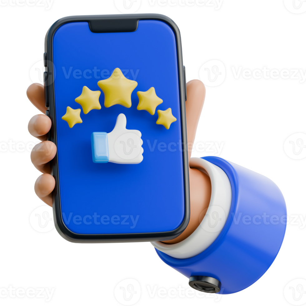 3D Hand Holding Smartphone Displaying 5 star customer review Icon png