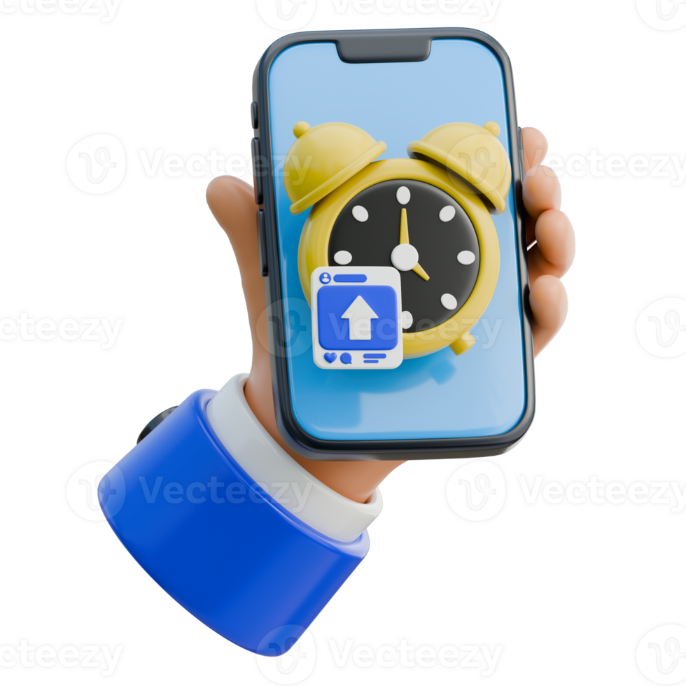 3D Hand Holding Smartphone with a clock for post timing Icon png