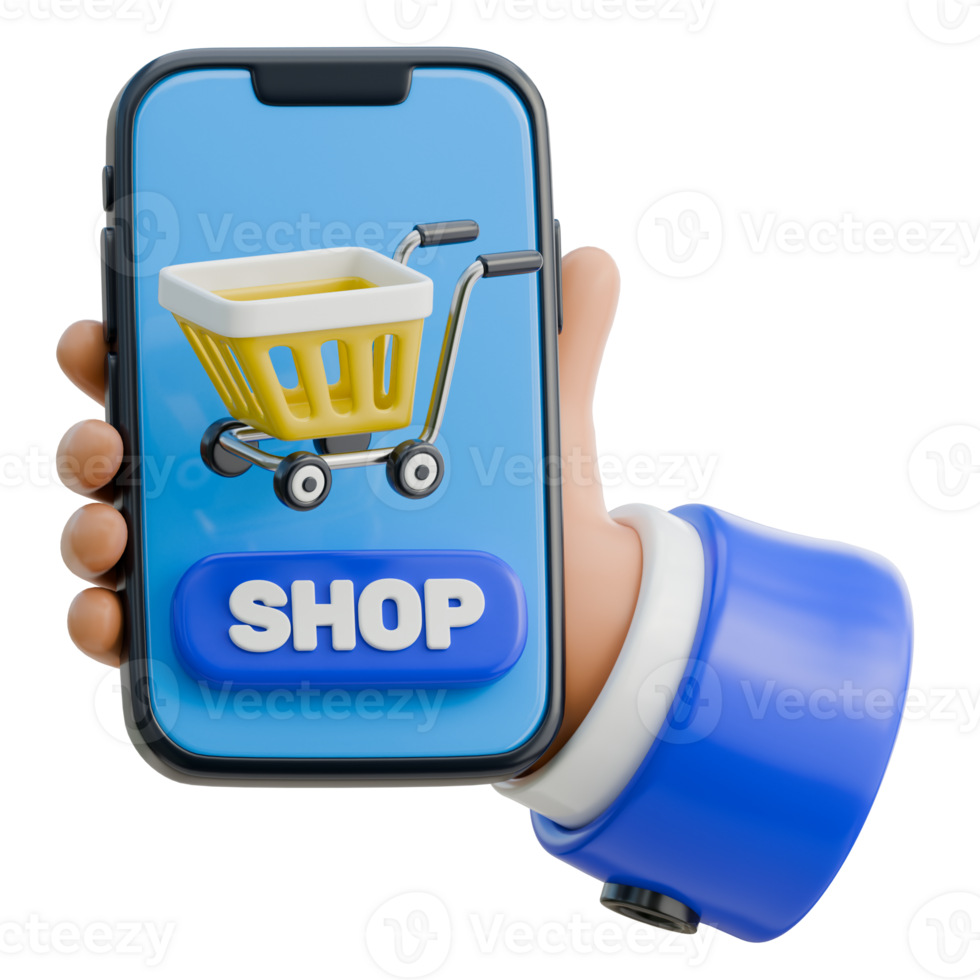 3D Hand Holding Smartphone with Shopping Cart Icon Icon png