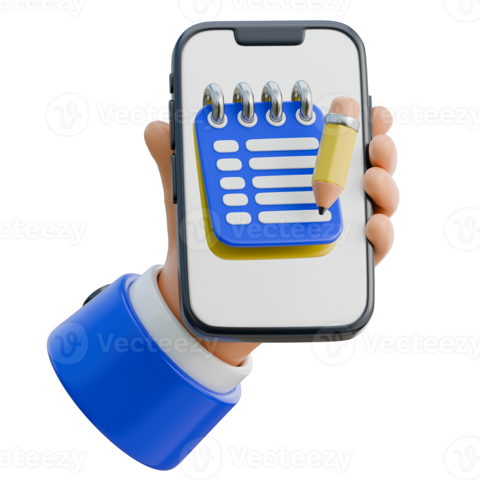 3D Hand Holding Smartphone with a notepad for jotting ideas Icon png