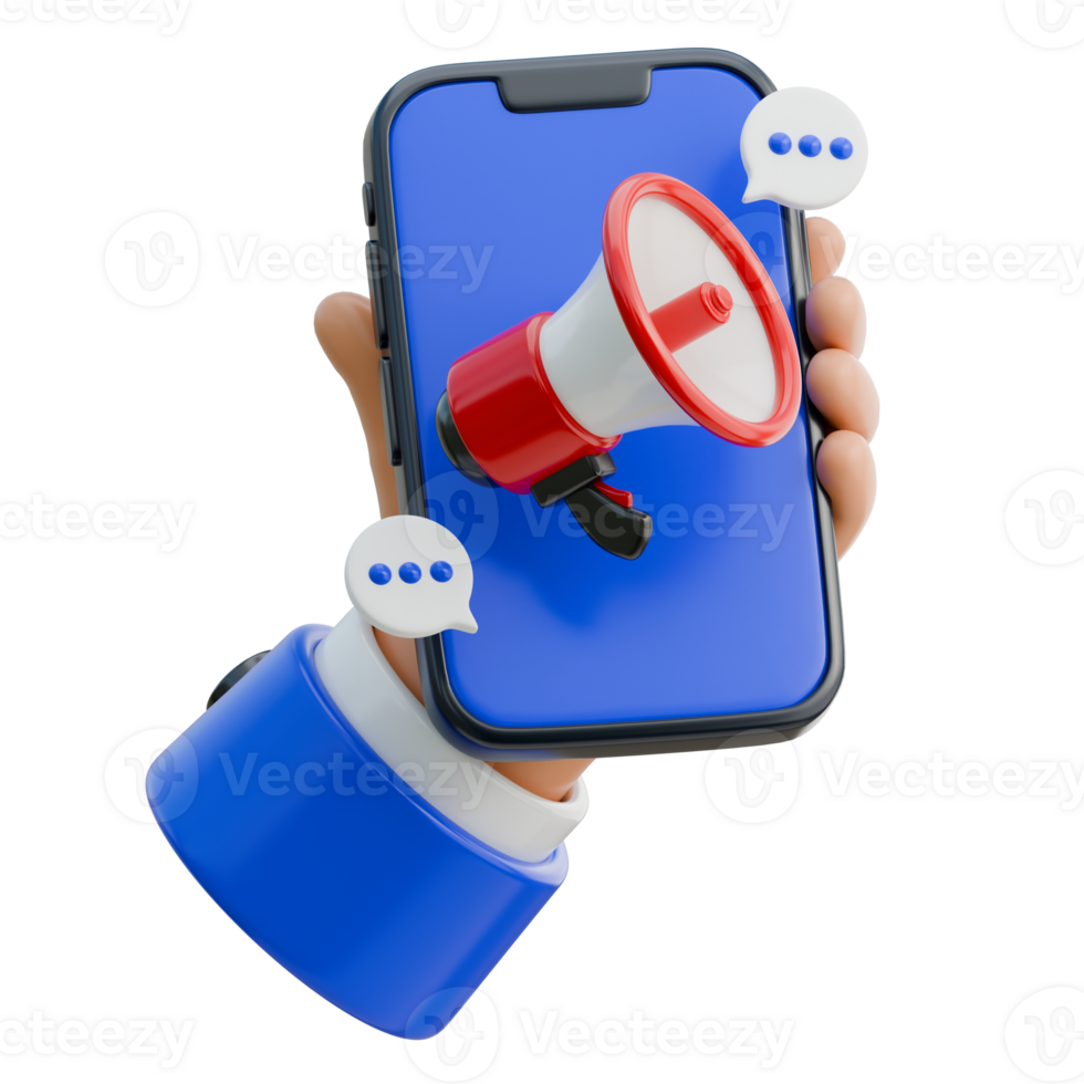 3D hand holding a megaphone symbolizing promotion on a smartpho Icon png
